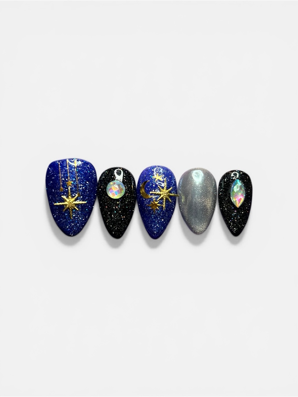 Midnight Celestial Press On Nails Moon Star Dark Blue Black Set